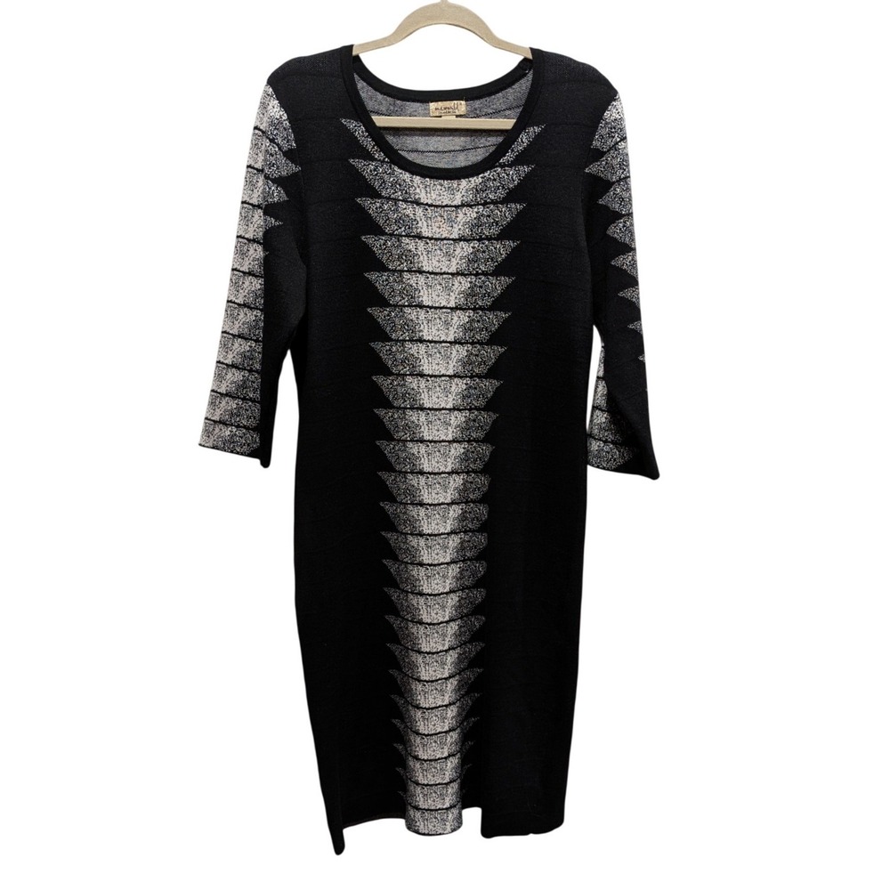 One World Womens Knit Midi Dress XL Black White Geometric Artsy Aztec Stretch